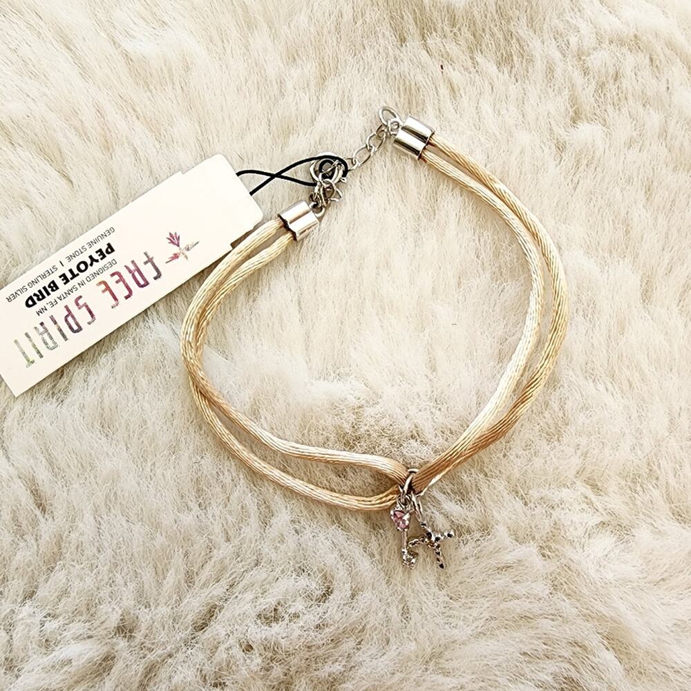 NEW Peyote Bird Free Spirit Sterling Silver Key Cross Double Charm Cord Bracelet